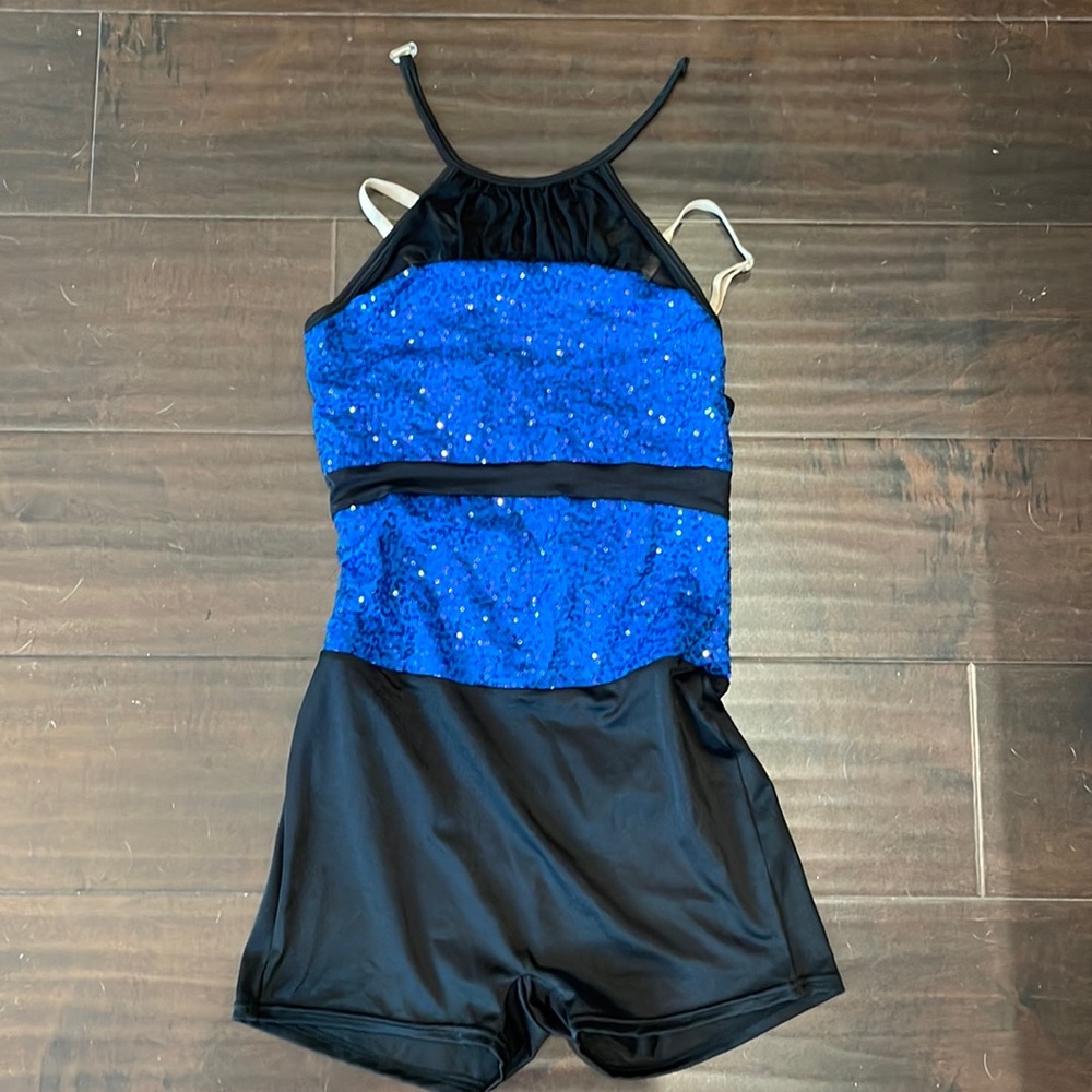 Curtain Call Dance costume blue and black romper style. Adult Small